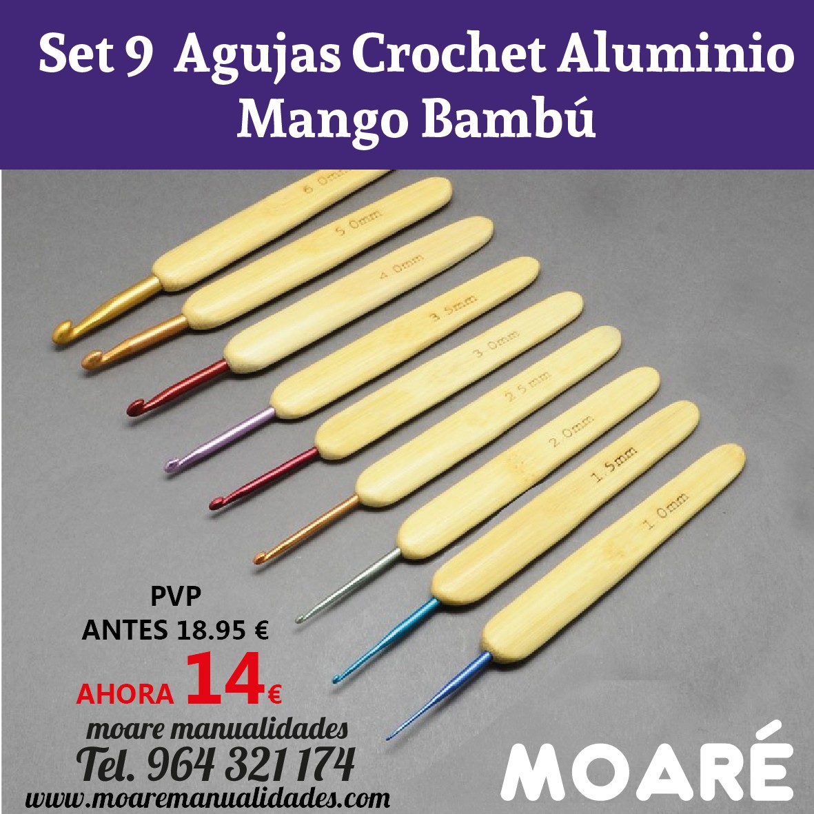Set de 10 agujas crochet Aluminio con mango de bambú